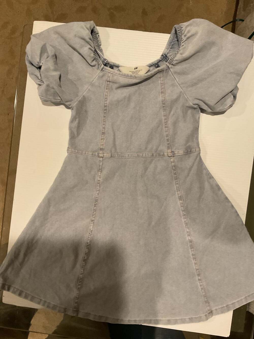 H&M Girls Light Blue Denim Puff Sleeve Dress Size 4-6Y